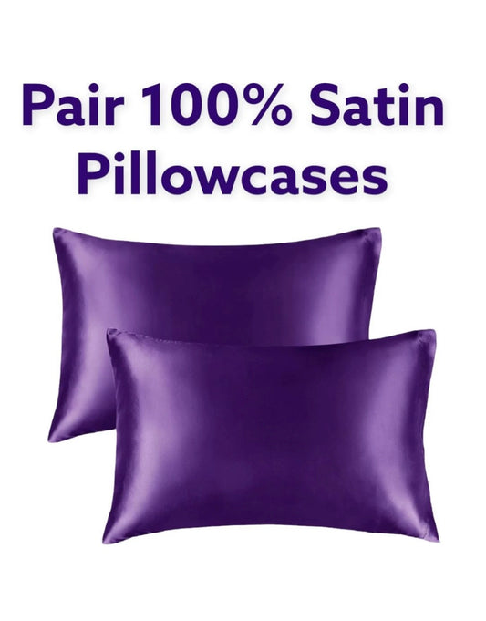 Two purple satin pillowcases on a white background with text 'Pair 100% Satin Pillowcases'.