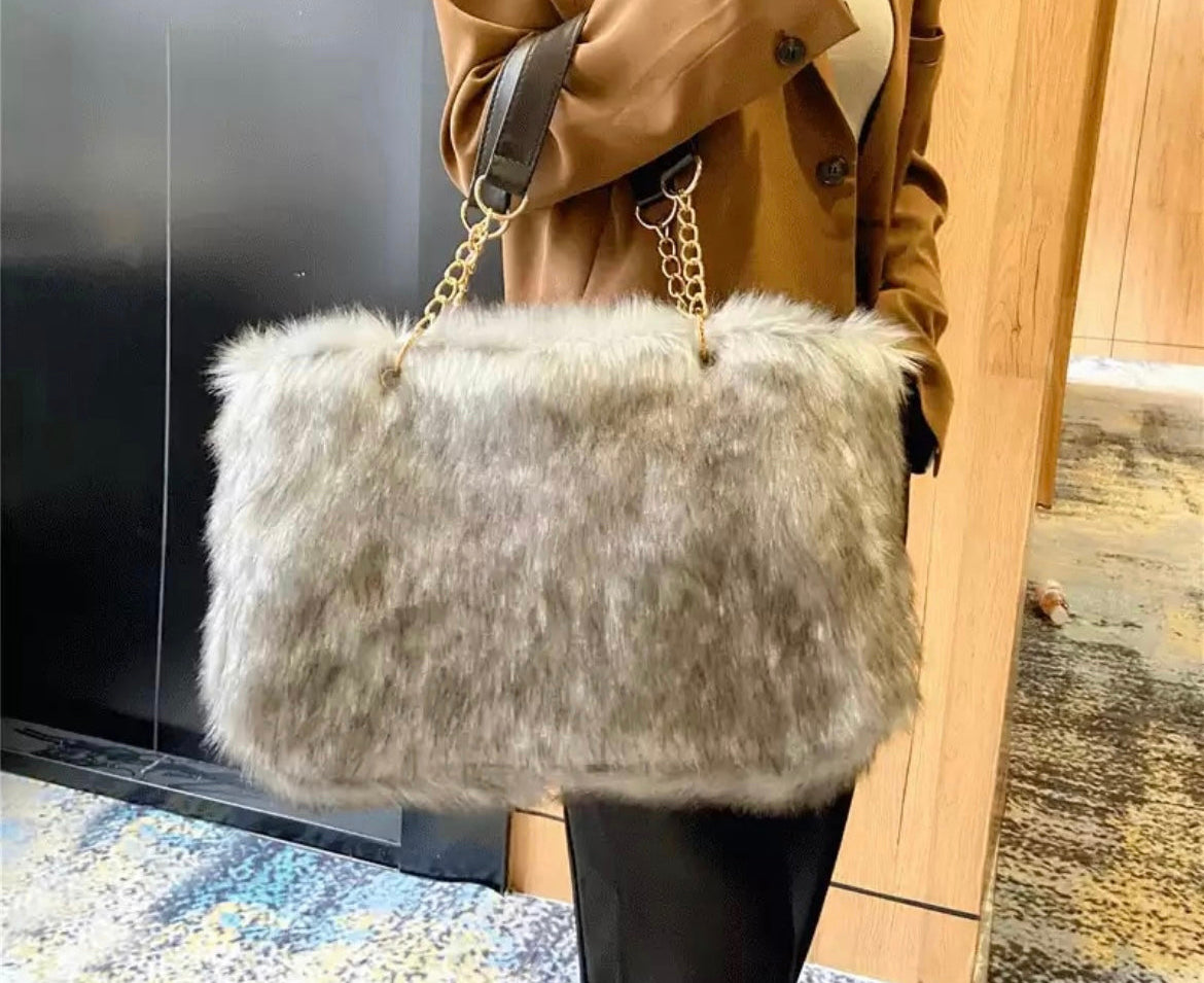 Faux Fur Tote Bag Gold Chain Faux Leather Handles Large