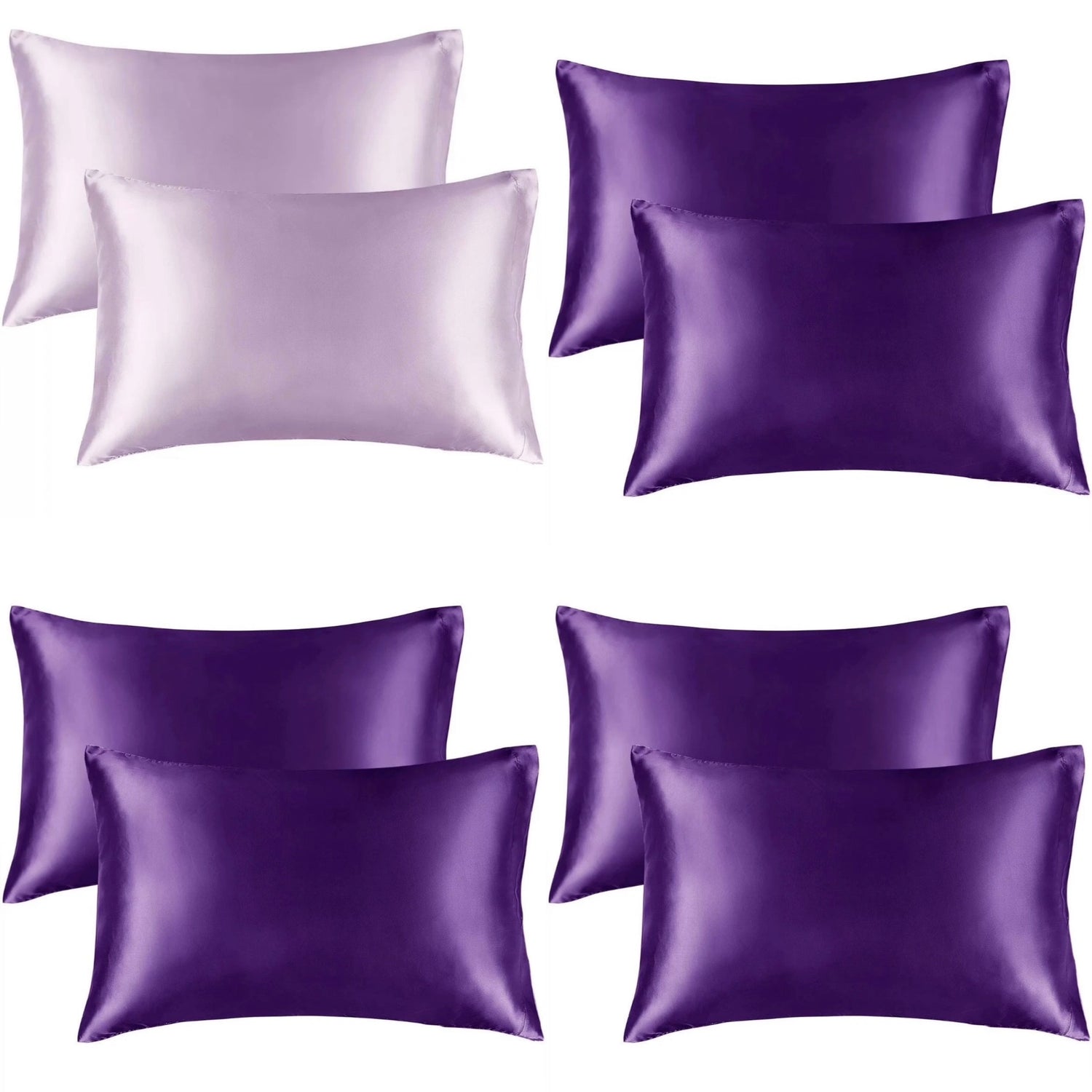 Set of purple satin pillowcases on a white background