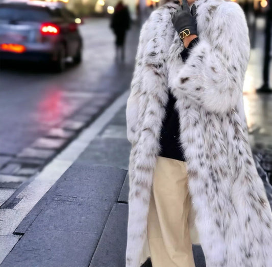 Minimalist Snow Leopard Faux Fur Coat