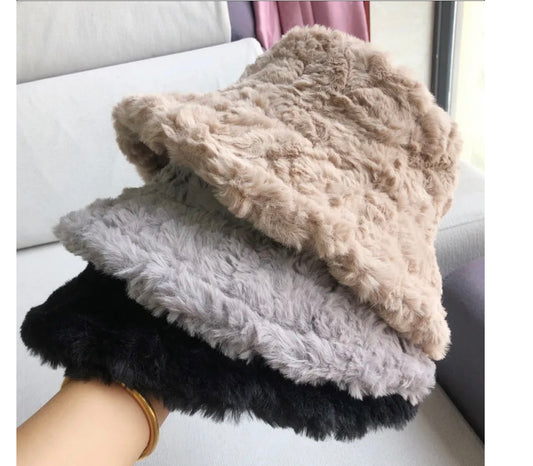 3 faux fur hats black grey and beige