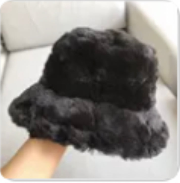 black faux fur hat
