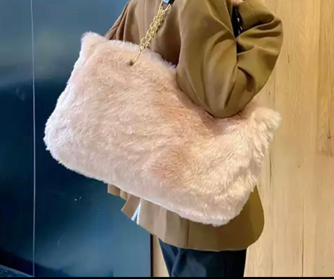 Faux Fur Tote Bag Gold Chain Faux Leather Handles Large