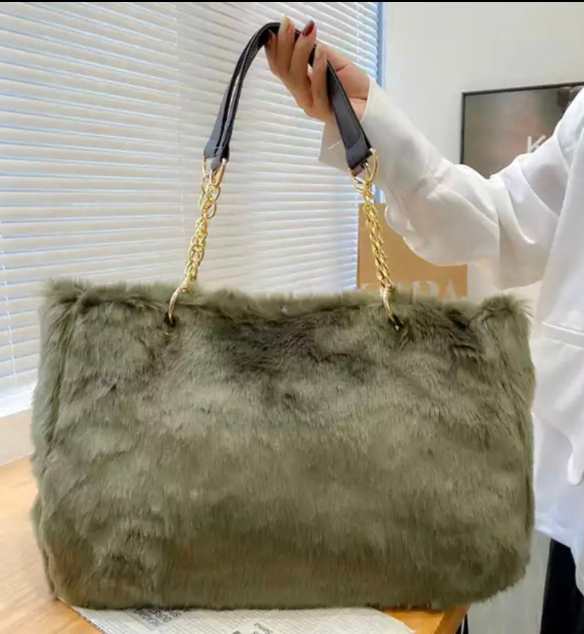 Faux Fur Tote Bag Gold Chain Faux Leather Handles Large