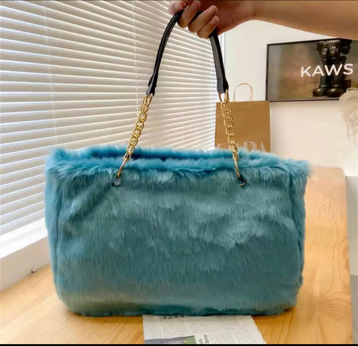 Faux Fur Tote Bag Gold Chain Faux Leather Handles Large