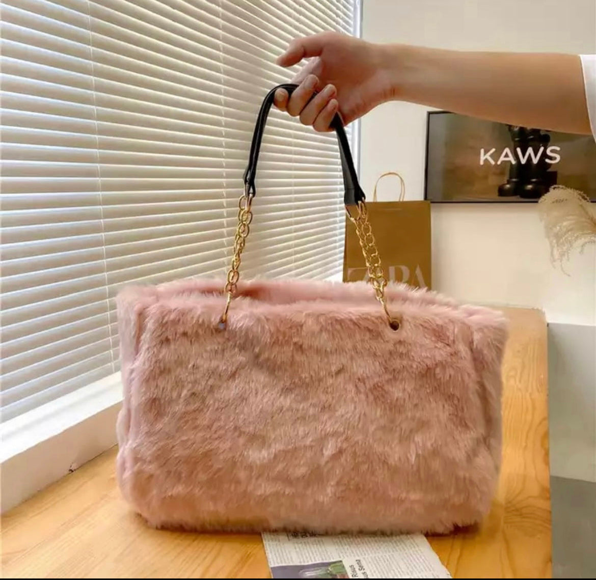 Faux Fur Tote Bag Gold Chain Faux Leather Handles Large