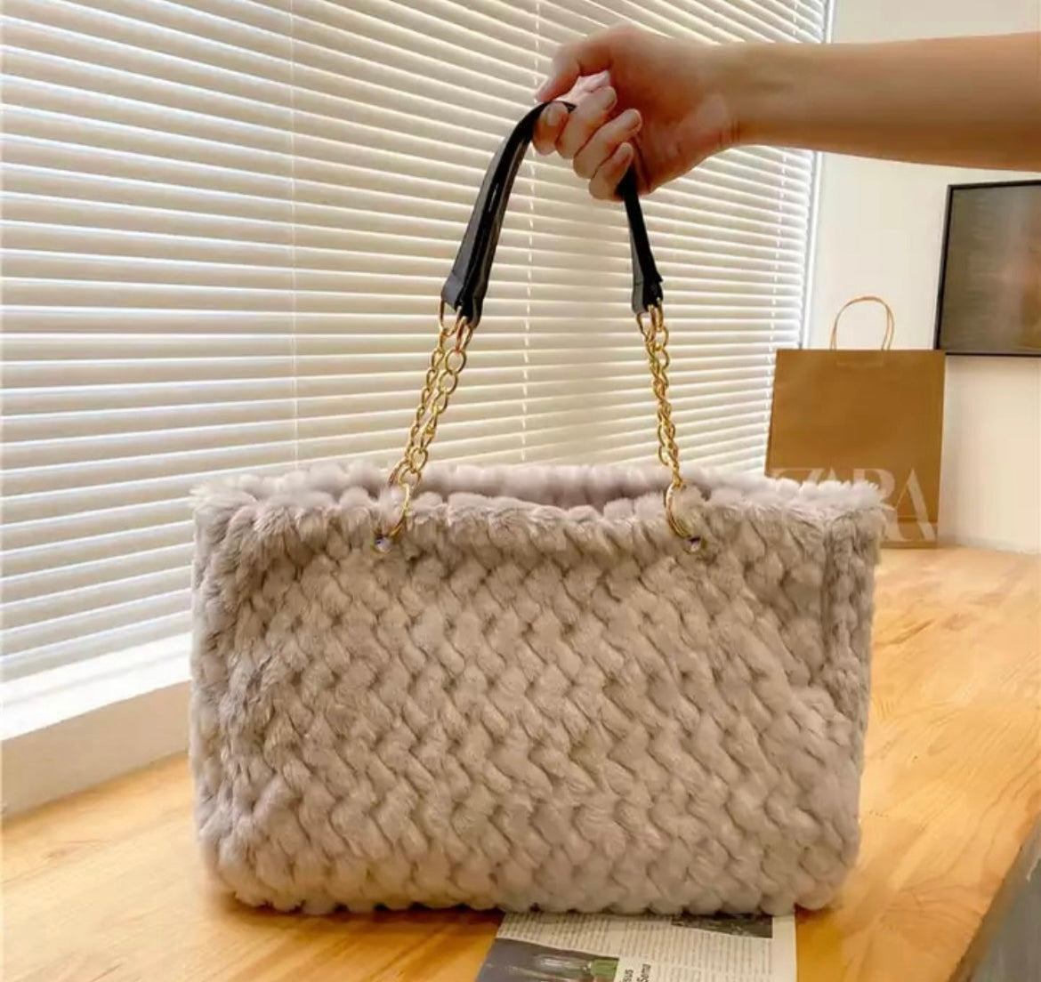 Faux Fur Tote Bag Gold Chain Faux Leather Handles Large