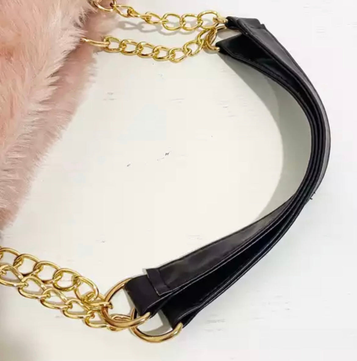 Faux Fur Tote Bag Gold Chain Faux Leather Handles Large