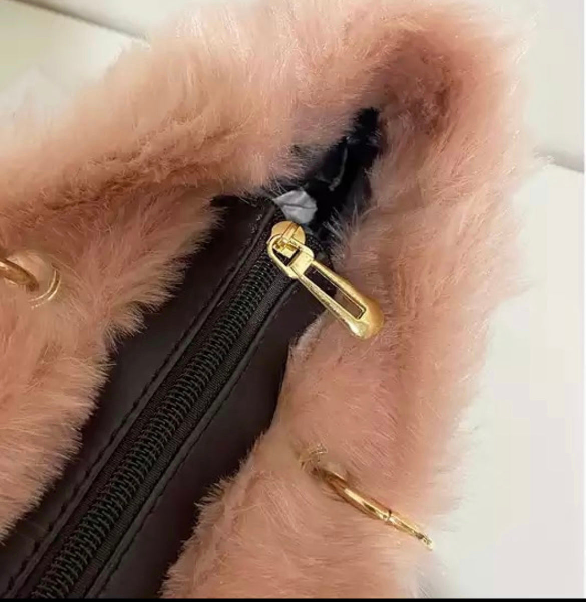 Faux Fur Tote Bag Gold Chain Faux Leather Handles Large