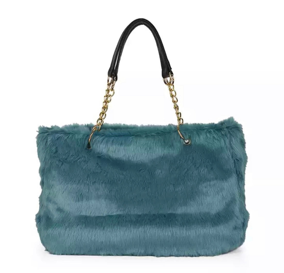 Faux Fur Tote Bag Gold Chain Faux Leather Handles Large