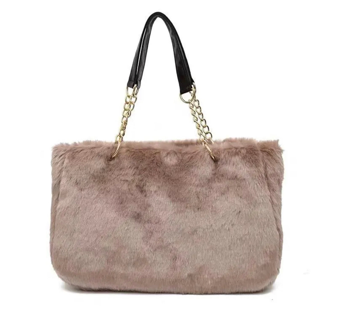 Faux Fur Tote Bag Gold Chain Faux Leather Handles Large