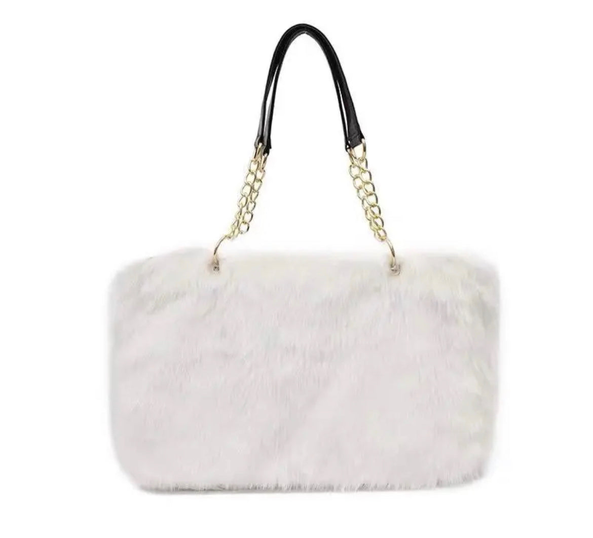 Faux Fur Tote Bag Gold Chain Faux Leather Handles Large
