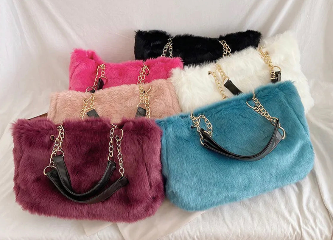 Faux Fur Tote Bag Gold Chain Faux Leather Handles Large