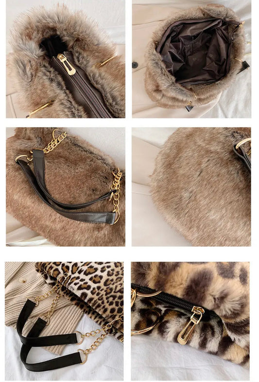 Faux Fur Tote Bag Gold Chain Faux Leather Handles Large