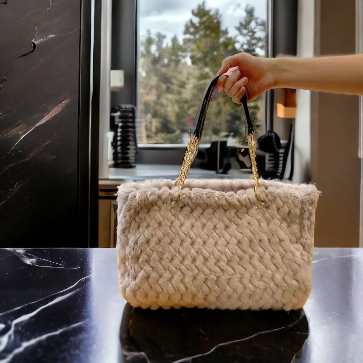 Faux Fur Tote Bag Gold Chain Faux Leather Handles Large