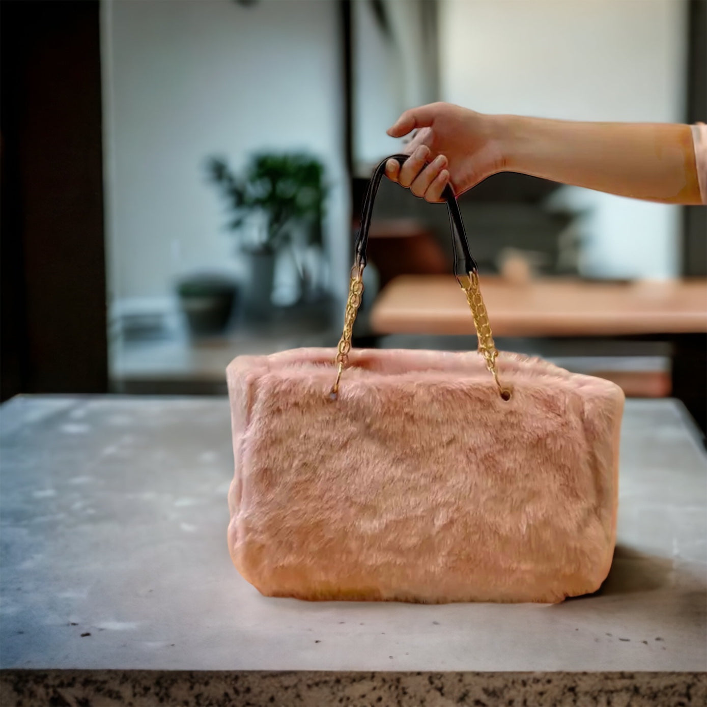 Faux Fur Tote Bag Gold Chain Faux Leather Handles Large