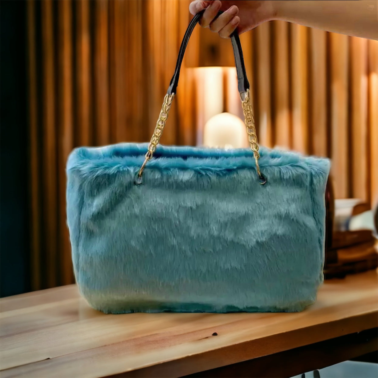 Faux Fur Tote Bag Gold Chain Faux Leather Handles Large