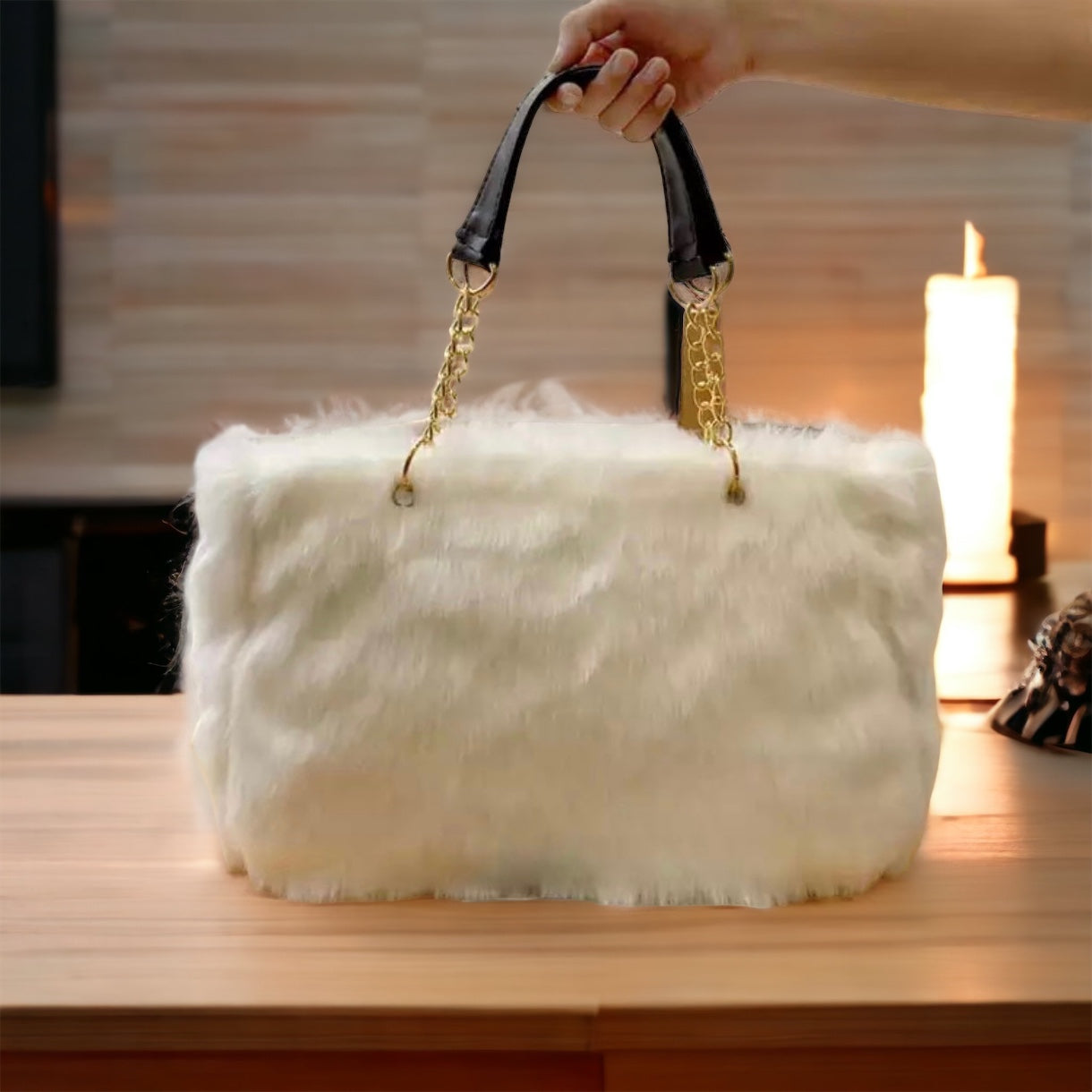 Faux Fur Tote Bag Gold Chain Faux Leather Handles Large