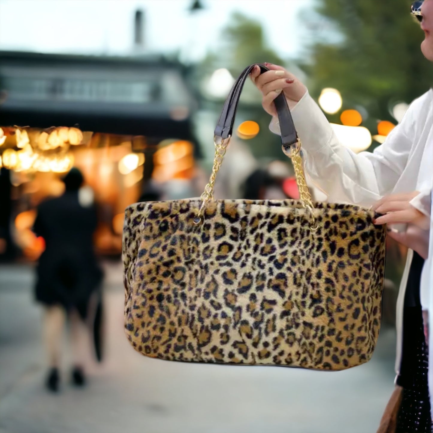 Faux Fur Tote Bag Gold Chain Faux Leather Handles Large