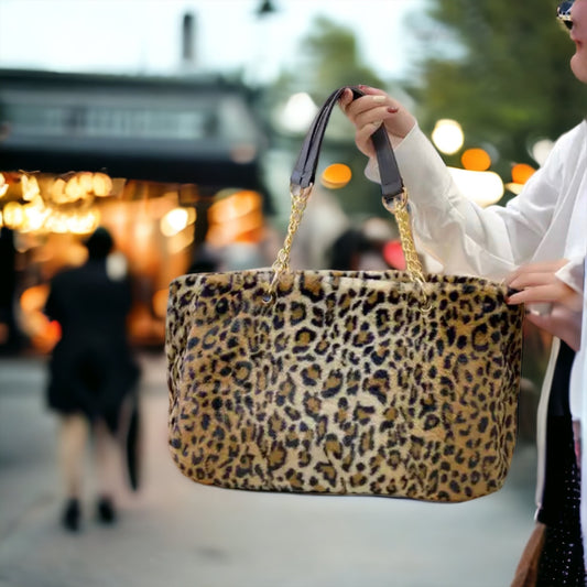 Faux Fur Tote Bag Gold Chain Faux Leather Handles Large