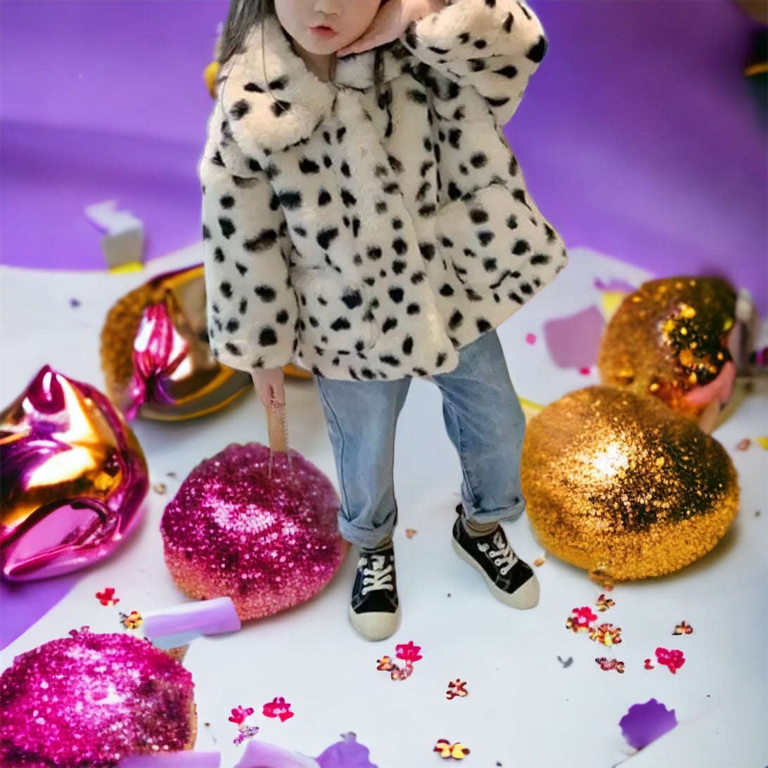 A child wearing a white faux fur jacket with a snow leopard print, paired with blue jeans and black sneakers, standing among glittery and colorful props.