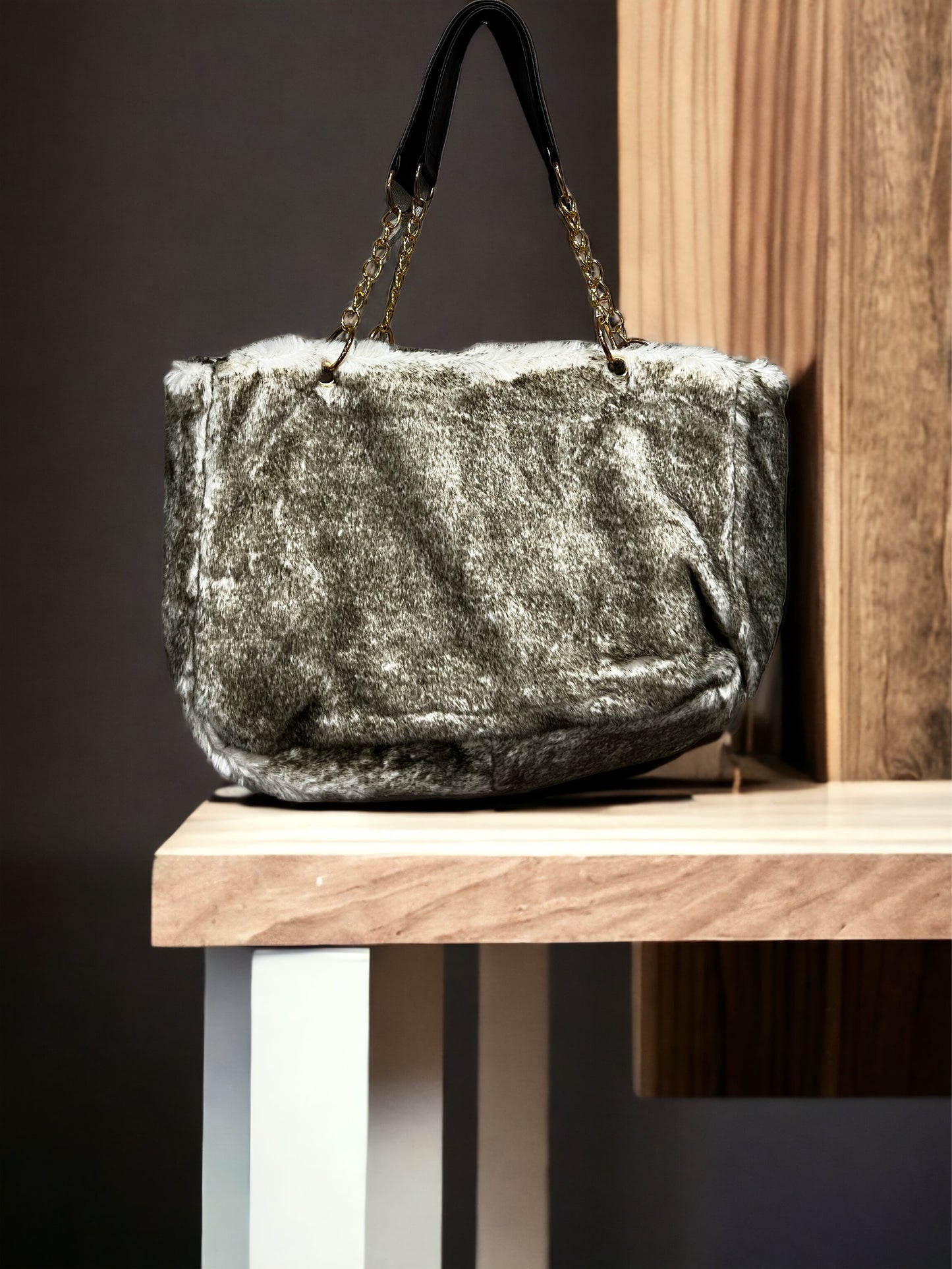 Faux Fur Tote Bag Gold Chain Faux Leather Handles Large