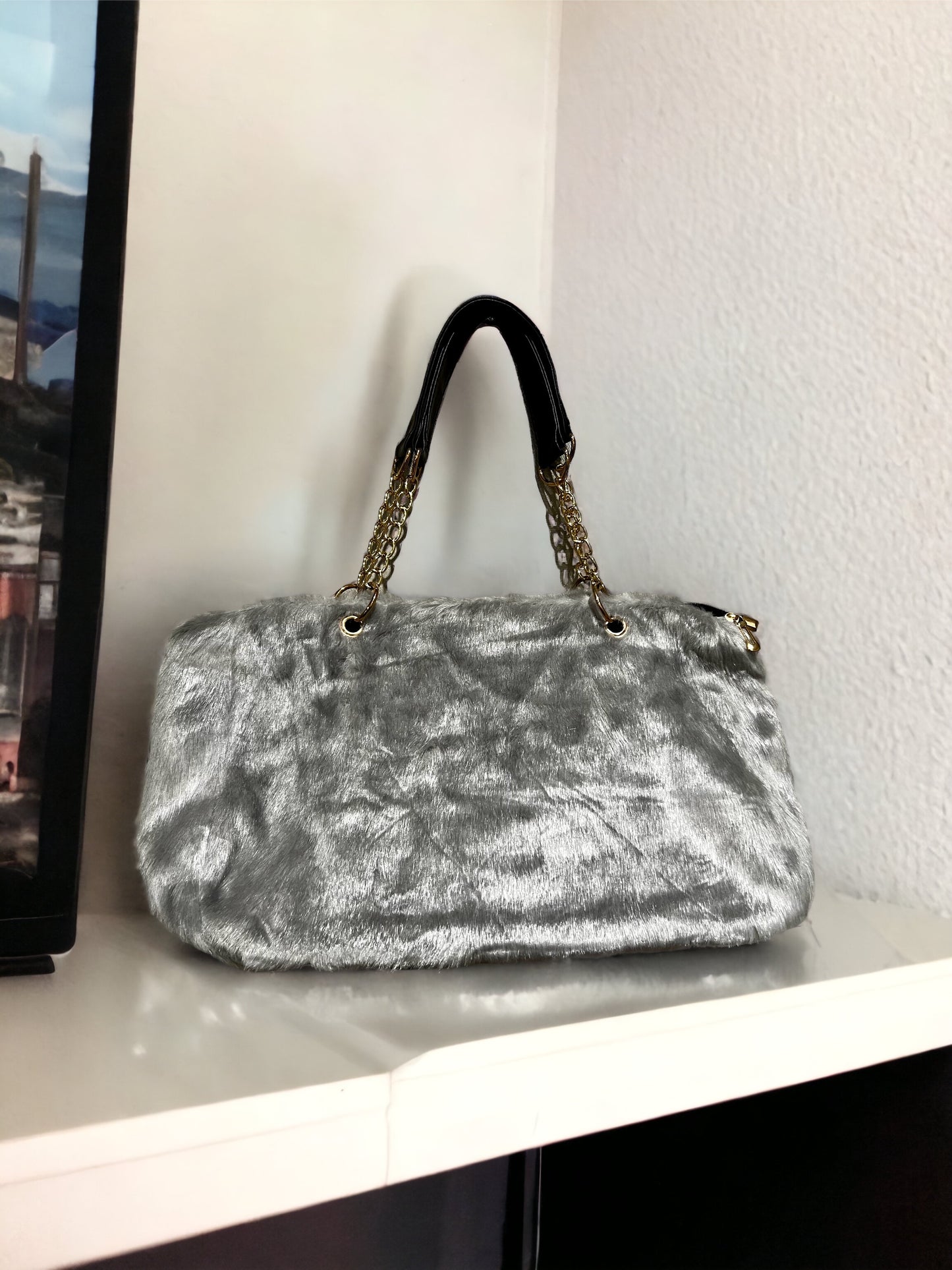 Faux Fur Tote Bag Gold Chain Faux Leather Handles Large