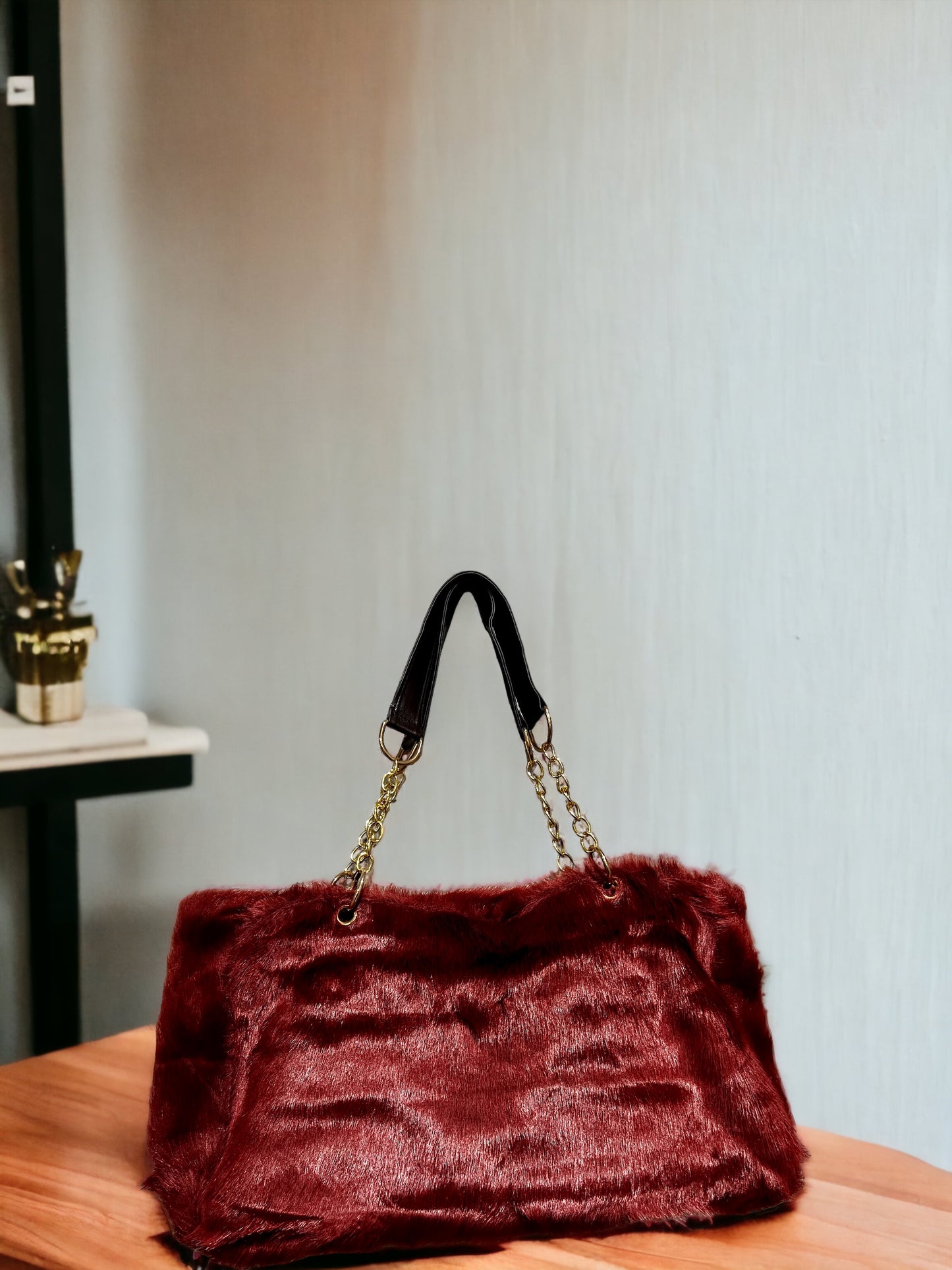 Faux Fur Tote Bag Gold Chain Faux Leather Handles Large