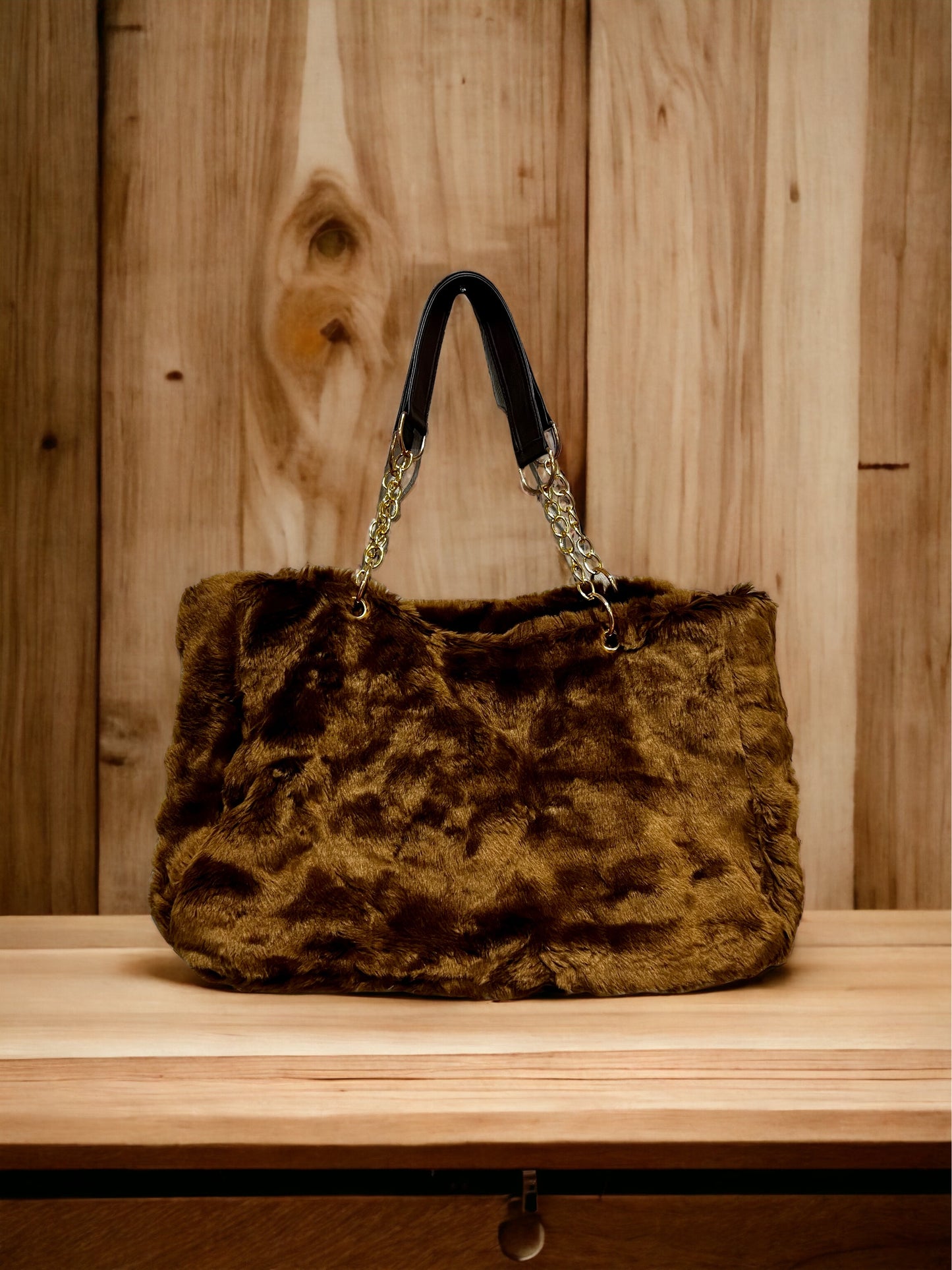 Faux Fur Tote Bag Gold Chain Faux Leather Handles Large