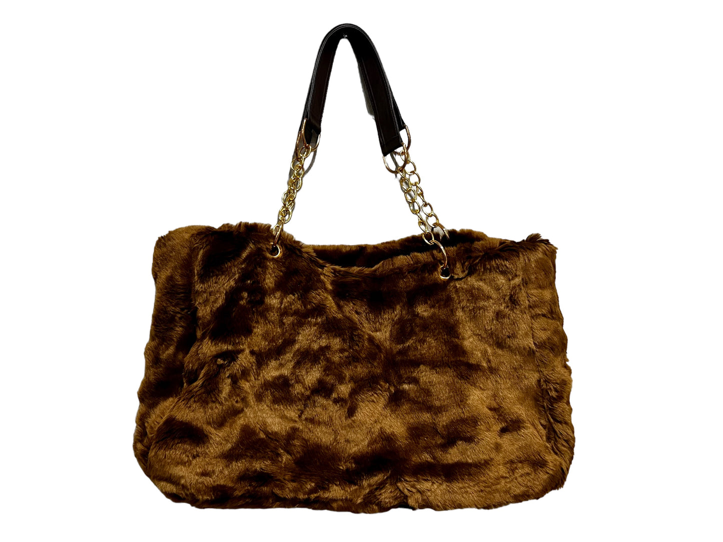 Faux Fur Tote Bag Gold Chain Faux Leather Handles Large