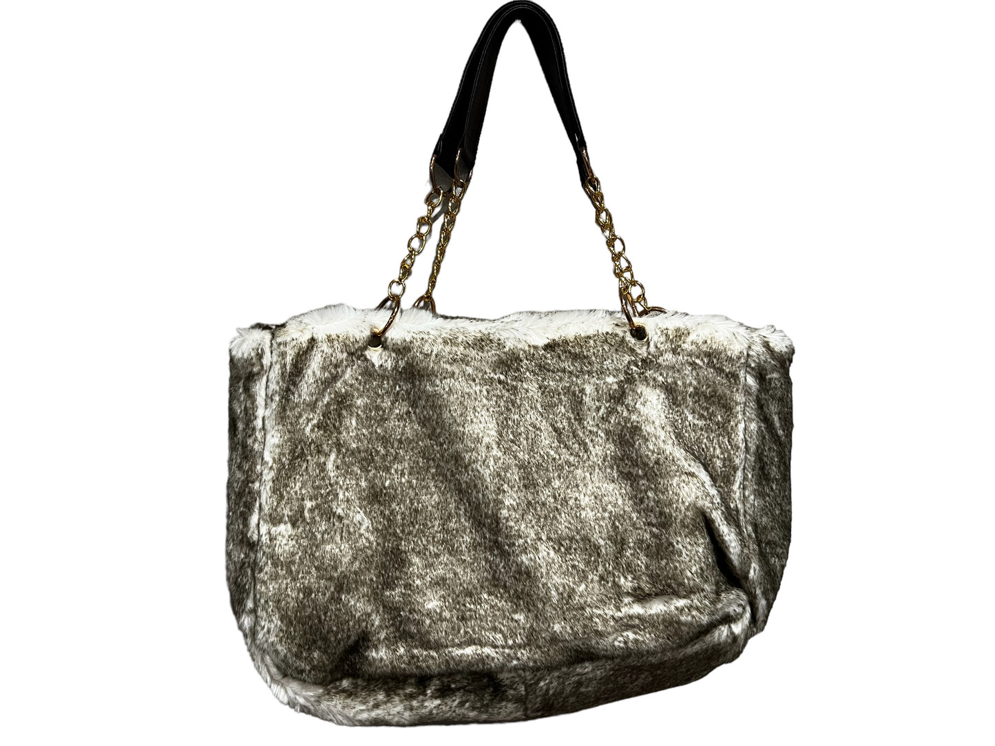 Faux Fur Tote Bag Gold Chain Faux Leather Handles Large
